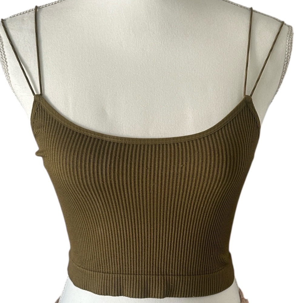 Khaki Ribbed Crop Top with Spaghetti Straps
